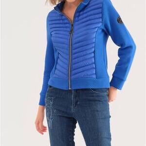 NEW DOLCEZZA quilt knit zip graphic lines jacket in cobalt